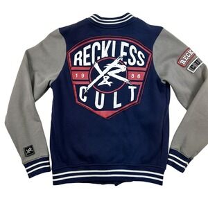 Young‎ & Reckless Jacket Mens Large Varsity Cult Patch Logo Y2K 2000s Blue Gray